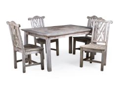 A TEAK GARDEN SUITE OF FOUR CHAIRS, MODERN, TOGETHER WITH A SIMILAR TABLE