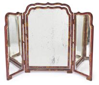 A CRIMSON LACQUER AND PARCEL GILT TRIPTYCH DRESSING MIRROR, FIRST QUARTER 20TH CENTURY