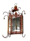 A GOTHIC REVIVAL RED PAINTED METAL WALL HANGING LANTERN, 20TH CENTURY
