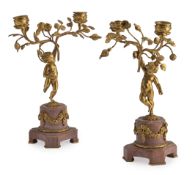 A PAIR OF GILT METAL AND PINK MARBLE TWIN BRANCH CANDLESTICKS FRENCH, 20TH CENTURY