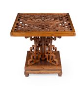 A CHINESE CARVED HARDWOOD SQUARE TOPPED CENTRE TABLE, MODERN