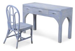 A BLUE PAINTED THREE DRAWER DRESSING TABLE WITH RELIEF WOOD GRAINED SURFACE, 20TH CENTURY