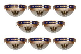 A SET OF EIGHT BLUE LACQUERED AND GILT BRASS DEMI-LUNE WALL LIGHTS, MODERN