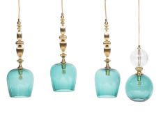 ROTHCHILD & BICKERS, THREE 'STANDING PENDANT' GREEN GLASS AND BRASS LANTERNS, WITH ANOTHER SIMILAR
