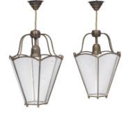 A PAIR OF HEXAGONAL BRASS HALL LANTERNS, 20TH CENTURY