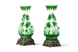 A PAIR OF CHINESE GREEN AND WHITE 'PEKING CARVED GLASS' VASES AND STANDS, EARLY REPUBLIC OF CHINA