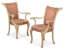 A PAIR OF NATURALISTICALLY CARVED AND PARCEL GILTWOOD OPEN ARMCHAIRS, 20TH CENTURY