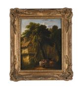 ENGLISH SCHOOL (19TH CENTURY), A WOODLAND COTTAGE WITH CATTLE IN A GLADE