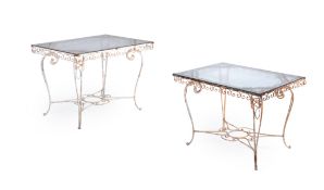 A PAIR OF PARISIEN STYLE DRAWN IRON WORK AND PAINTED, GLASS TOPPED CONSERVATORY TABLES