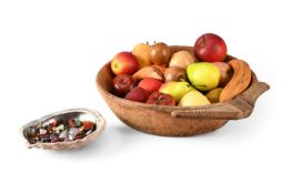 A TRIBAL WOODEN BOWL CONTAINING REALISTIC FRUIT, WITH A SEASHELL, MINERALS AND CRYSTALS