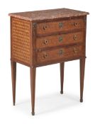 A MARBLE TOPPED WALNUT AND 'TUMBLING CUBE' PARQUETRY PETIT COMMODE, SECOND HALF 19TH CENTURY