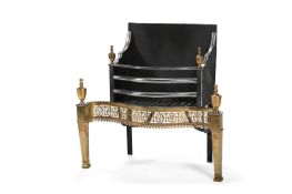A BRUSHED STEEL, CAST IRON AND BRASS FIRE BASKET, EARLY 20TH CENTURY