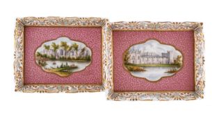 A PAIR OF DERBY PORCELAIN PINK AND GILT VERMICULAR GROUND TRAYS, CIRCA 1860