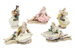 THREE MEISSEN FIGURAL SWEETMEAT DISHES, LATE 19TH AND 20TH CENTURIES, WITH TWO VASES