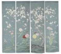 A SET OF FOUR CHINESE PAINTED SILK PANELS, IN 18TH CENTURY STYLE, LATE 19TH OR EARLY 20TH CENTURY