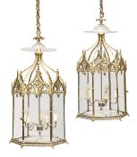 A PAIR OF GILT BRONZE GOTHIC HEXAGONAL HALL LANTERNS, 19TH CENTURY