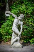 AFTER THE ANTIQUE, A LARGE COMPOSITION STONE FIGURE OF THE DISCOBOLUS, 20TH CENTURY