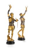 AFTER MARCEL DEBUT, A LARGE PAIR OF GILT AND SILVERED BRONZE FIGURES OF FALCONERS, 20TH CENTURY