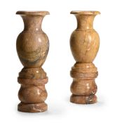 A LARGE PAIR OF MARBLE URNS ON PEDESTALS, CONTEMPORARY