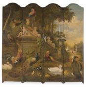 A PAINTED OIL ON CANVAS AND OAK FOUR FOLD ROOM SCREEN, LATE 19TH CENTURY