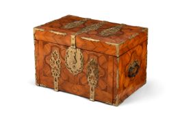 A WILLIAM & MARY WALNUT, PARQUETRY AND GILT METAL MOUNTED STRONGBOX OR COFFRE FORT, CIRCA 1690