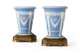 A PAIR OF WEDGWOOD PALE-BLUE JASPER AND GILT-BRONZE MOUNTED VASES, LATE 19TH CENTURY