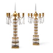 A PAIR OF NORTH GERMAN GILT BRONZE MOUNTED CRYSTAL GIRANDOLES OR TABLE LIGHTS, EARLY 19TH CENTURY