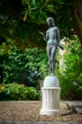 λ DONALD GILBERT (1900-1961), A BRONZE FIGURE ON A GIRL ON A PORTLAND STONE BASE, DATED 1959