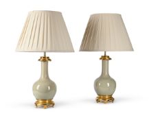A PAIR OF GILT METAL MOUNTED CRAQUELURE GLAZE TABLE LIGHTS, LATE 19TH CENTURY