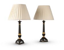 A PAIR OF FRENCH GILT AND PATINATED BRONZE 'HERCULANEUM' CANDLESTICK TABLE LIGHTS, MID 19TH CENTURY