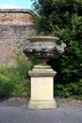 A LARGE COMPOSITION STONE LION MASK URN ON STAND, LATE 20TH CENTURY