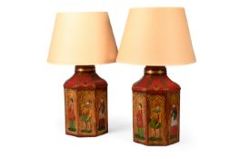 A PAIR OF PAINTED TOLE TEA CANNISTER LAMPS, 20TH CENTURY