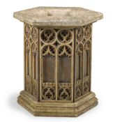 A COMPOSITION STONE FONT OR PLANTER, IN GOTHIC REVIVAL STYLE, CONTEMPORARY