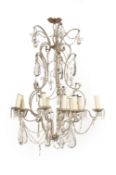 A CUT BEAD GLASS MOUNTED GILT IRON FRAMED TEN LIGHT CHANDELIER, ITALIAN OR FRENCH, CIRCA 1920
