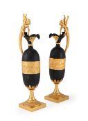 A LARGE PAIR OF ORMOLU MOUNTED BRONZE JUGS OR EWERS, AFTER CLAUDE GALLE, FRENCH, EARLY 20TH CENTURY