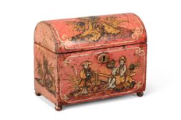 A GEORGE III SCARLET LACQUER, SILVERED AND CHINOISERIE DECORATED BOX