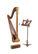 Y A WILLIAM IV BIRD'S EYE MAPLE, GILTWOOD, GESSO AND LEATHER GOTHIC HARP, BY PIERRE ÉRARD DATED 1835