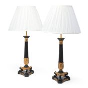 A PAIR OF GILT AND PATINATED BRONZE CANDLESTICK TABLE LIGHTS, FRENCH, 19TH CENTURY