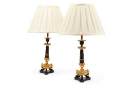 A PAIR OF BRONZE AND GILT CANDLESTICK TRIFORM TABLE LIGHTS, SECOND HALF 19TH CENTURY