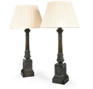 A LARGE PAIR OF GEORGE IV BRONZE COLUMN BASE TABLE LIGHTS, CIRCA 1830