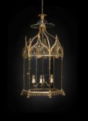 A LARGE GILT BRONZE GOTHIC HEXAGONAL HALL LANTERN, 19TH CENTURY