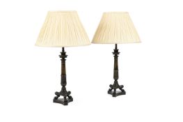 A PAIR OF BRONZE TRIFORM TABLE LIGHTS, EARLY 19TH CENTURY