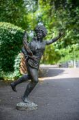 A BRONZED GARDEN SCULPTURE OF A YOUNG BOY HOLDING A COCKEREL, IN THE POMPEIAN MANNER, 20TH CENTURY