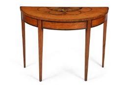 A GEORGE III SATINWOOD AND MARQUETRY DEMI LUNE CONSOLE TABLE, CIRCA 1790