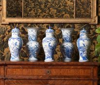 A GARNITURE OF FIVE CHINESE BLUE AND WHITE VASES AND COVERS, 19TH CENTURY