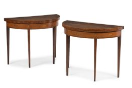 Y A PAIR OF GEORGE III MAHOGANY, TULIPWOOD AND MARQUETRY CARD TABLES, CIRCA 1790