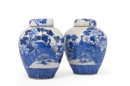 A PAIR OF JAPANESE BLUE AND WHITE GINGER JARS, LINERS AND COVERS, 19TH CENTURY