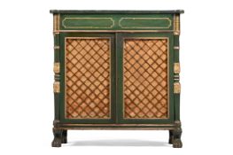 A REGENCY GREEN PAINTED, PARCEL GILT AND BRASS MOUNTED SIDE CABINET, CIRCA 1815