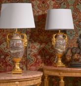 A PAIR OF GILT METAL MOUNTED BRECHE VIOLET TABLE LIGHTS, LATE 19TH OR EARLY 20TH CENTURY