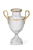 A NORTH EUROPEAN ORMOLU MOUNTED CUT GLASS TWIN HANDLED VASE, PROBABLY SWEDISH, EARLY 19TH CENTURY